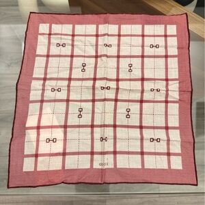 Gucci Red and White Checkered Horsebit Print Twill Foulard Scarf 45 x 45 cm